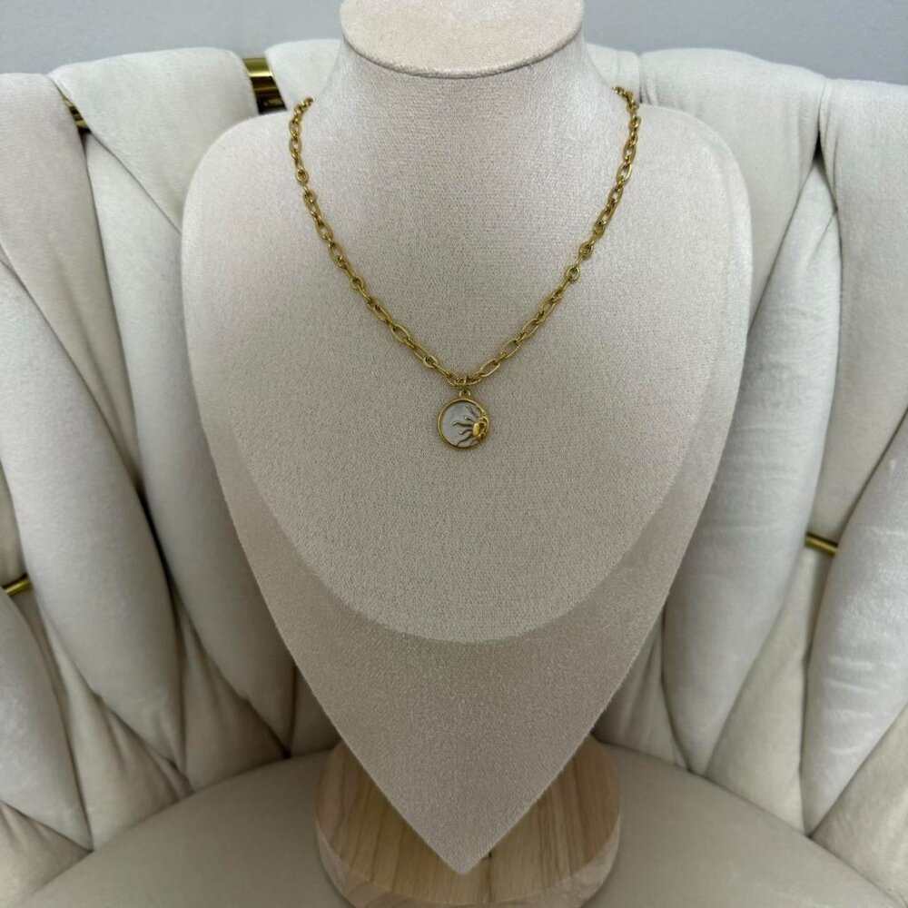 Sku 0437 vintage gold chain necklace With moon stone pendant sun stainless steel - Picture 2 of 7